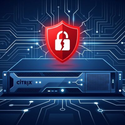 Citrix NetScaler security vulnerability illustration showing a network gateway with a red security breach warning shield
