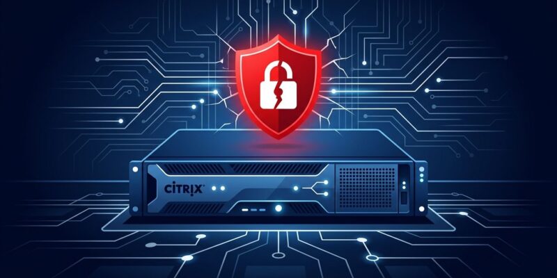 Citrix NetScaler security vulnerability illustration showing a network gateway with a red security breach warning shield