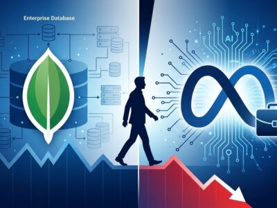 Split-screen illustration showing MongoDB and Meta logos with enterprise AI transition concept