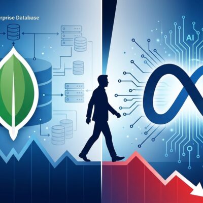 Split-screen illustration showing MongoDB and Meta logos with enterprise AI transition concept