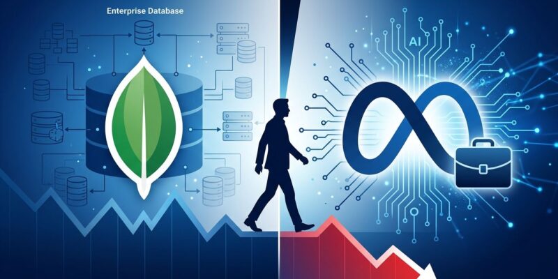 Split-screen illustration showing MongoDB and Meta logos with enterprise AI transition concept