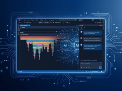 Visual Studio 2026 IDE window with AI profiler and chat panel showing BYOK integration