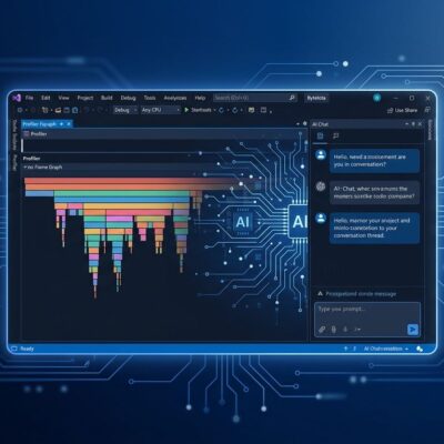 Visual Studio 2026 IDE window with AI profiler and chat panel showing BYOK integration