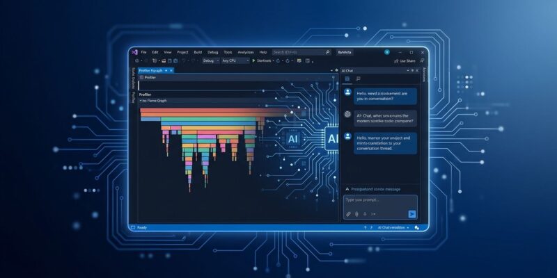 Visual Studio 2026 IDE window with AI profiler and chat panel showing BYOK integration