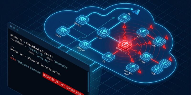 Azure cloud infrastructure security diagram showing service principal credential exposure and Storm-3168 attack cascade