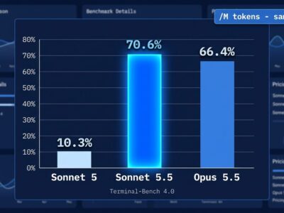 Data visualization showing Claude Sonnet 5.5 scoring 70.6% on Terminal-Bench 4.0, beating Opus 5.5 at the same Sonnet price point