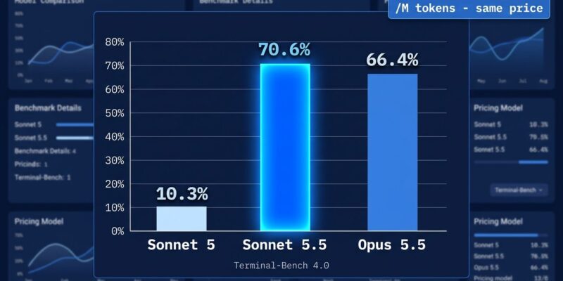 Data visualization showing Claude Sonnet 5.5 scoring 70.6% on Terminal-Bench 4.0, beating Opus 5.5 at the same Sonnet price point