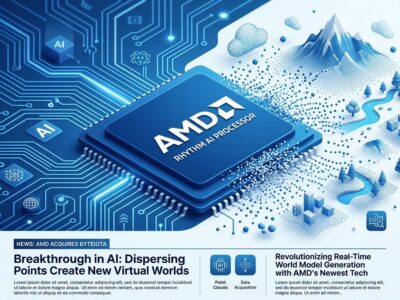 Isometric AMD processor chip with 3D Gaussian splat world particles forming around it, representing AMD World Labs spatial intelligence acquisition