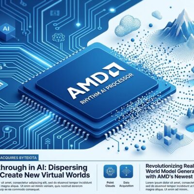 Isometric AMD processor chip with 3D Gaussian splat world particles forming around it, representing AMD World Labs spatial intelligence acquisition