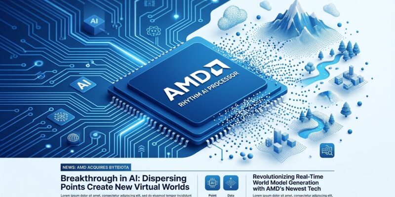 Isometric AMD processor chip with 3D Gaussian splat world particles forming around it, representing AMD World Labs spatial intelligence acquisition
