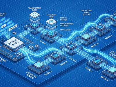 Isometric illustration of seven ESP32-S3 microcontroller boards in SPI daisy-chain running BitNet 1.58-bit distributed LLM inference