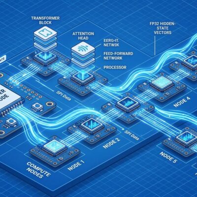 Isometric illustration of seven ESP32-S3 microcontroller boards in SPI daisy-chain running BitNet 1.58-bit distributed LLM inference