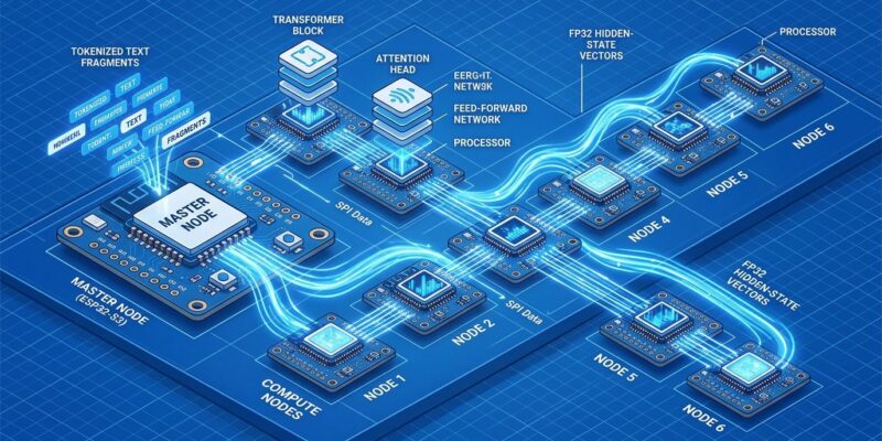 Isometric illustration of seven ESP32-S3 microcontroller boards in SPI daisy-chain running BitNet 1.58-bit distributed LLM inference