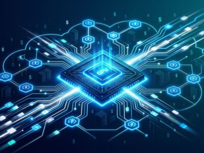 GPU chip surrounded by serverless function nodes representing AI inference infrastructure