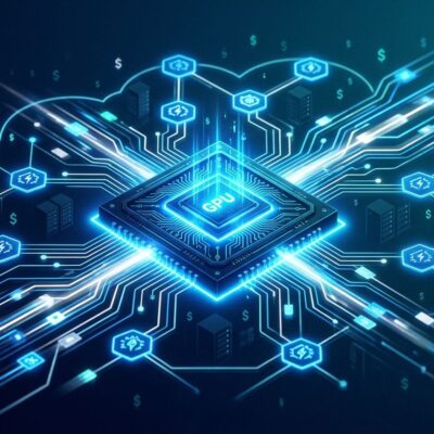 GPU chip surrounded by serverless function nodes representing AI inference infrastructure