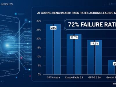 Bar chart showing AI coding agent pass rates on Android Bench 2.0: GPT-6 Astra 28%, Claude Fable 5.1 22.7%, GPT-5.6 Sol 19.3%, Gemini 3.8 Flash 8%
