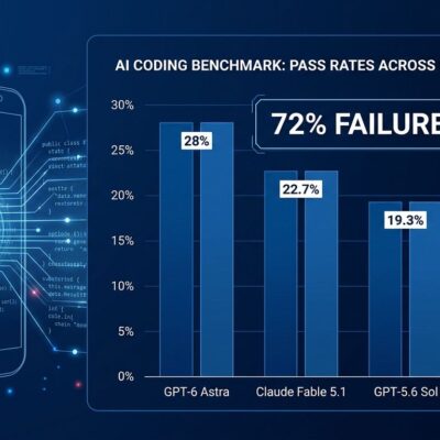 Bar chart showing AI coding agent pass rates on Android Bench 2.0: GPT-6 Astra 28%, Claude Fable 5.1 22.7%, GPT-5.6 Sol 19.3%, Gemini 3.8 Flash 8%