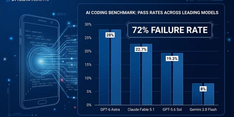 Bar chart showing AI coding agent pass rates on Android Bench 2.0: GPT-6 Astra 28%, Claude Fable 5.1 22.7%, GPT-5.6 Sol 19.3%, Gemini 3.8 Flash 8%