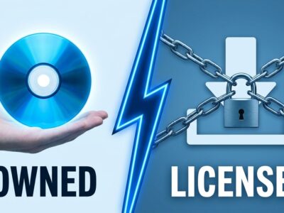 Split-screen comparison of physical game disc labeled OWNED versus digital download icon with padlock labeled LICENSED, representing the Sony digital game ownership lawsuit