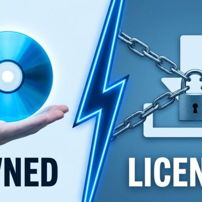 Split-screen comparison of physical game disc labeled OWNED versus digital download icon with padlock labeled LICENSED, representing the Sony digital game ownership lawsuit