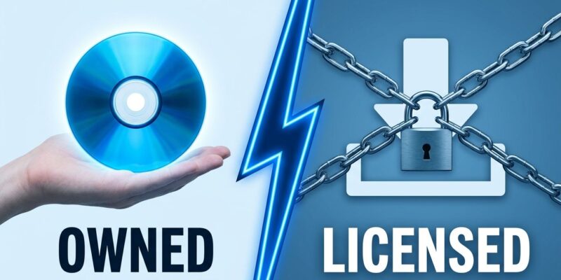 Split-screen comparison of physical game disc labeled OWNED versus digital download icon with padlock labeled LICENSED, representing the Sony digital game ownership lawsuit