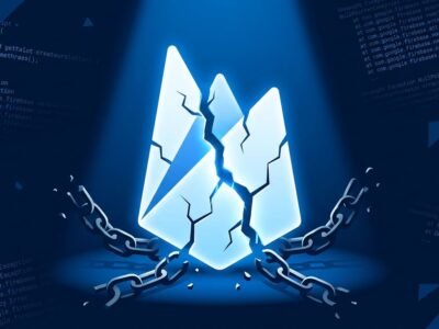 Firebase iOS SDK crash illustration showing fractured Firebase logo with broken chain links on blue background