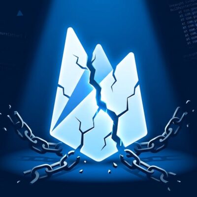 Firebase iOS SDK crash illustration showing fractured Firebase logo with broken chain links on blue background