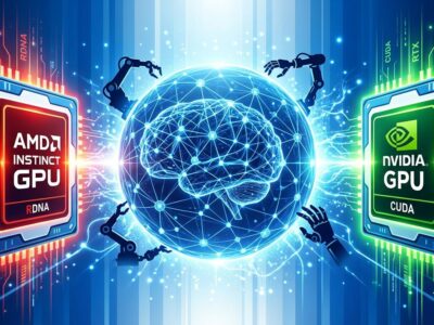 AMD semiconductor chip and spatial intelligence neural network sphere representing the World Labs acquisition for physical AI and robotics