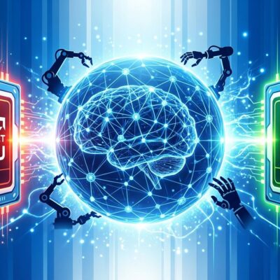 AMD semiconductor chip and spatial intelligence neural network sphere representing the World Labs acquisition for physical AI and robotics