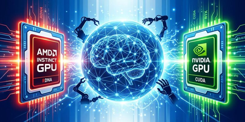 AMD semiconductor chip and spatial intelligence neural network sphere representing the World Labs acquisition for physical AI and robotics