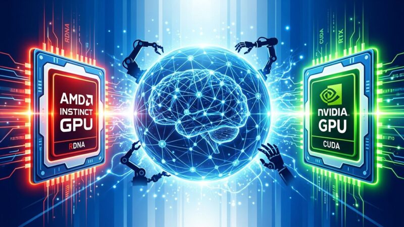 AMD semiconductor chip and spatial intelligence neural network sphere representing the World Labs acquisition for physical AI and robotics