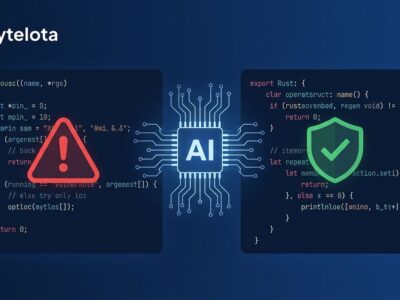 Split illustration showing C code with vulnerability warning on the left transforming via AI into Rust code with a security shield on the right, on a dark blue background