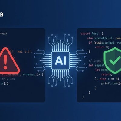 Split illustration showing C code with vulnerability warning on the left transforming via AI into Rust code with a security shield on the right, on a dark blue background