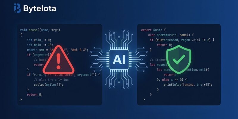 Split illustration showing C code with vulnerability warning on the left transforming via AI into Rust code with a security shield on the right, on a dark blue background