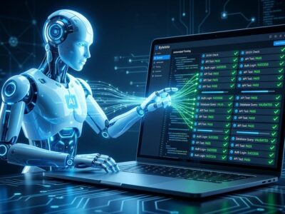 Autonomous AI testing agent running synthetic tests on a laptop screen with blue ByteIota branding