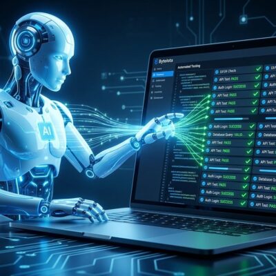 Autonomous AI testing agent running synthetic tests on a laptop screen with blue ByteIota branding