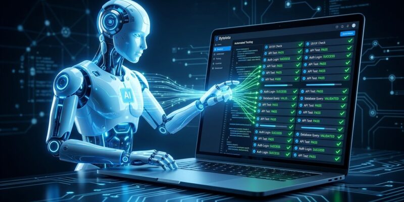 Autonomous AI testing agent running synthetic tests on a laptop screen with blue ByteIota branding