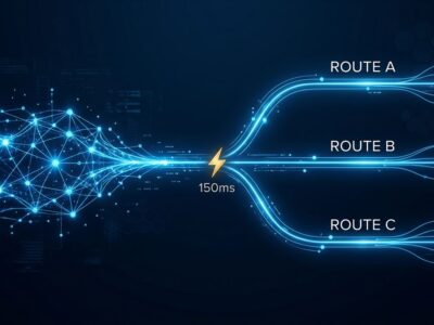 OpenAI Decisions API neural routing visualization with blue branching pathways