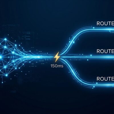 OpenAI Decisions API neural routing visualization with blue branching pathways