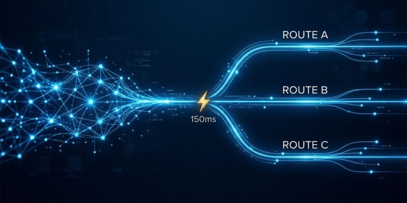 OpenAI Decisions API neural routing visualization with blue branching pathways