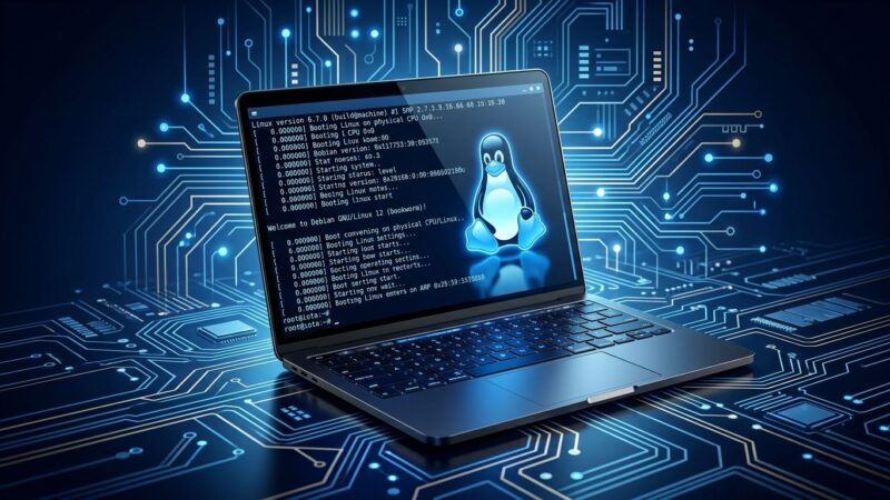 Qualcomm Snapdragon X2 laptop running Linux with ARM chip architecture and Tux penguin logo