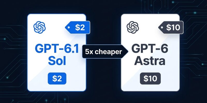 GPT-6.1 Sol vs GPT-6 Astra pricing comparison showing 5x cost difference