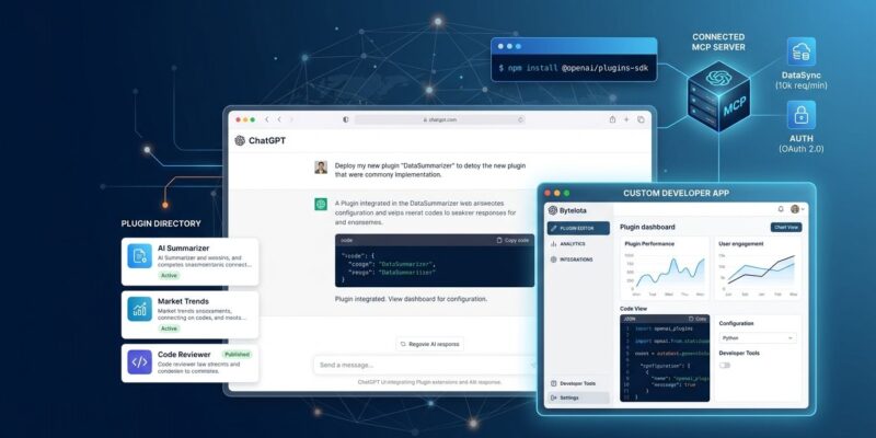 OpenAI Plugin Extensions developer interface showing ChatGPT sidebar app and conversation panel