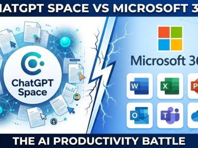 ChatGPT Space collaborative workspace competing with Microsoft 365 office suite, split-screen comparison