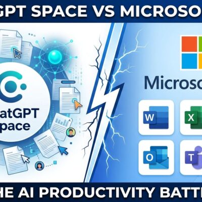 ChatGPT Space collaborative workspace competing with Microsoft 365 office suite, split-screen comparison