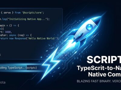 Vercel Labs scriptc compiler turning TypeScript code into a native binary — blue and white tech illustration