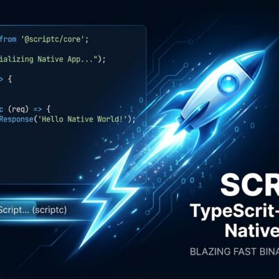 Vercel Labs scriptc compiler turning TypeScript code into a native binary — blue and white tech illustration