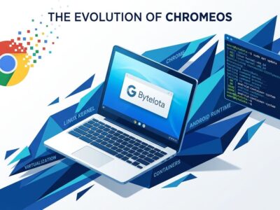 Googlebook laptop with ChromeOS logo dissolving, representing Aluminium OS replacing ChromeOS