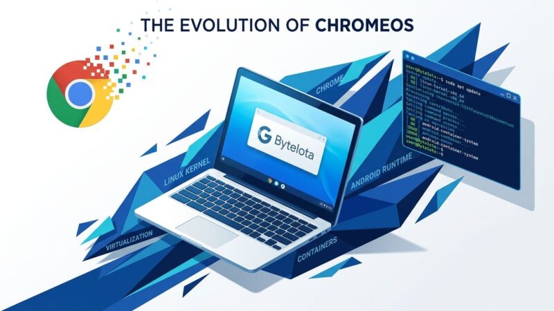 Googlebook laptop with ChromeOS logo dissolving, representing Aluminium OS replacing ChromeOS