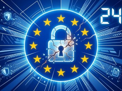 EU Cyber Resilience Act compliance deadline illustration with EU flag, digital padlock, and 24-hour warning timer